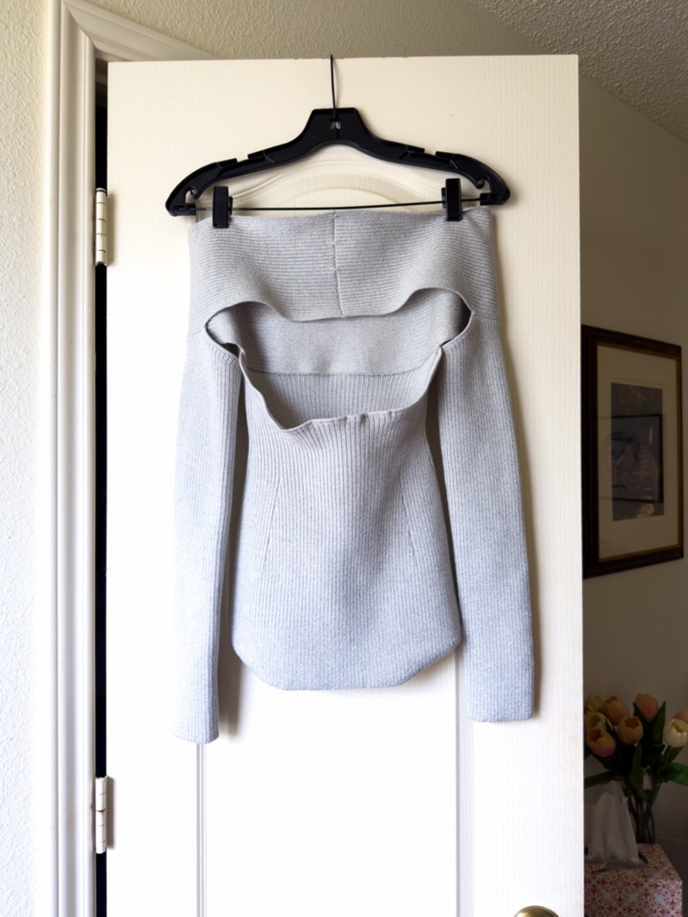 KHAITE Salma Off Shoulder Rib Knit Wool Top Long-Sleeve Chrome Medium NWT - Picture 8 of 10